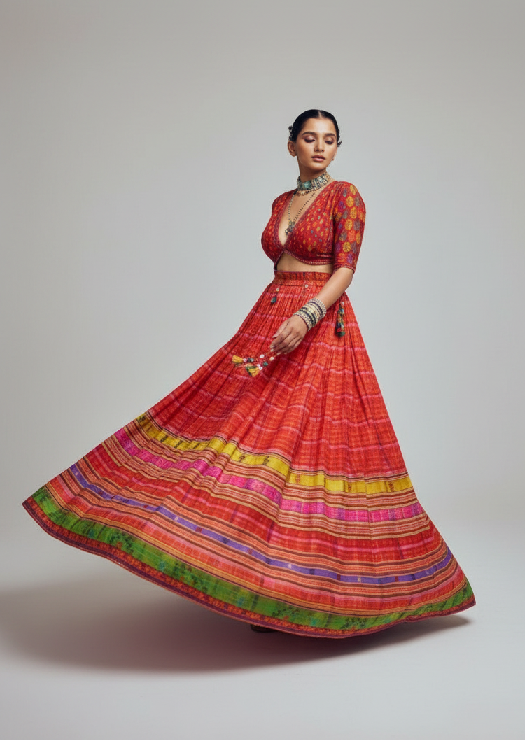Rust silk lehenga choli with embroidery
