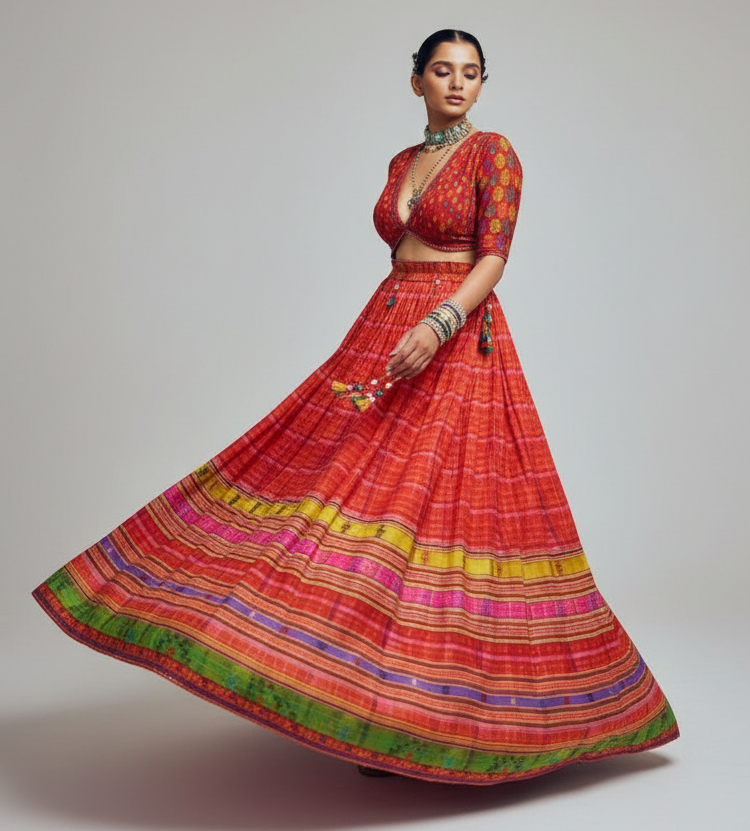 Rust silk lehenga choli with embroidery
