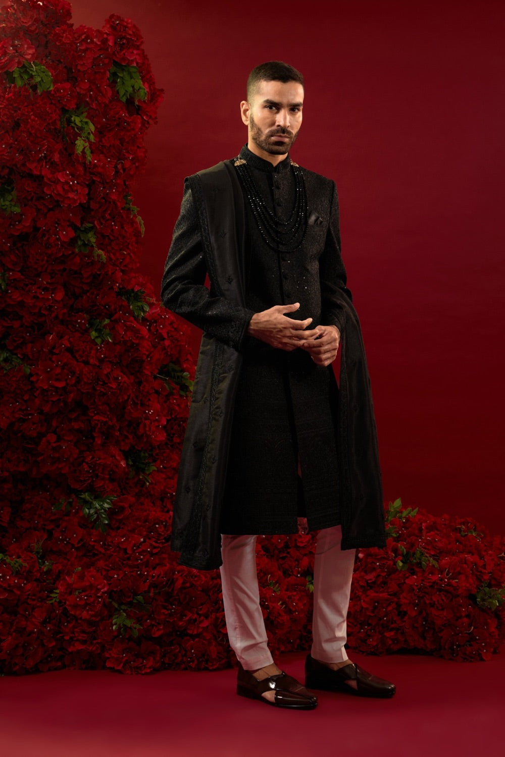 Black silk sherwani with machine work