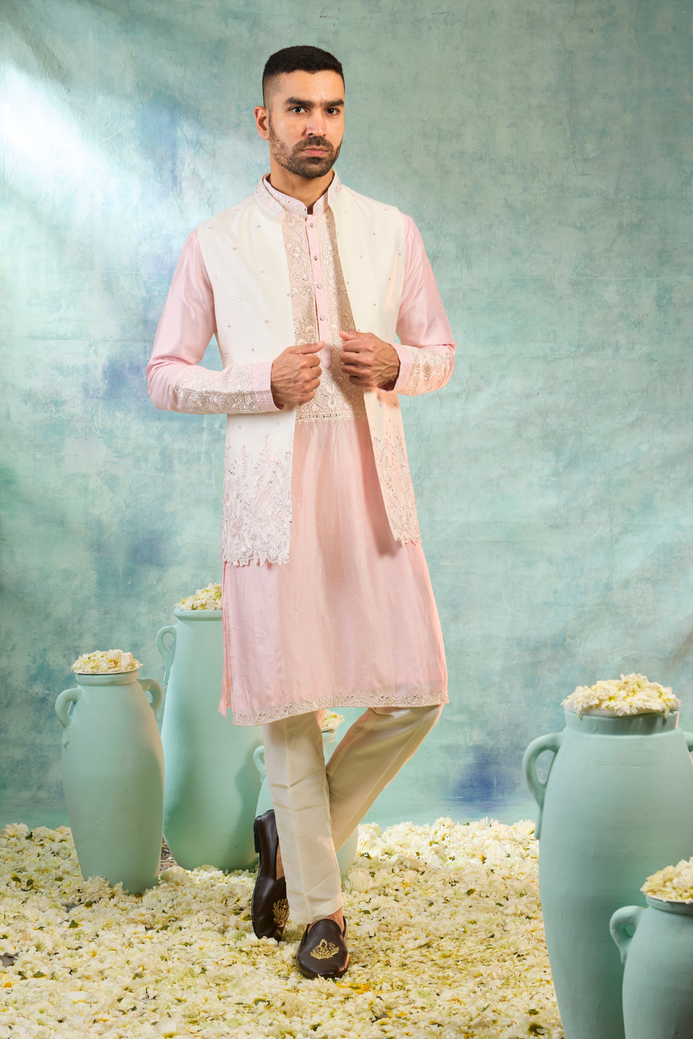 Silk koti with firozi kurta set with embroidery work