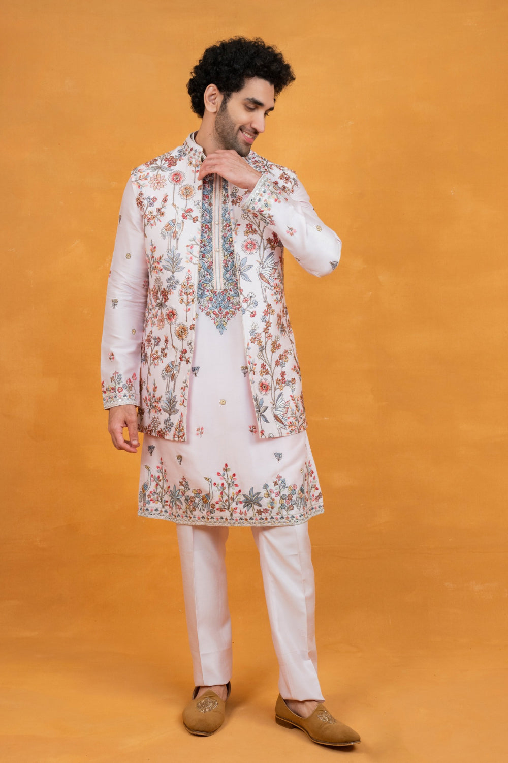 Light pink silk open koti set with multicolour floral thread embroidery