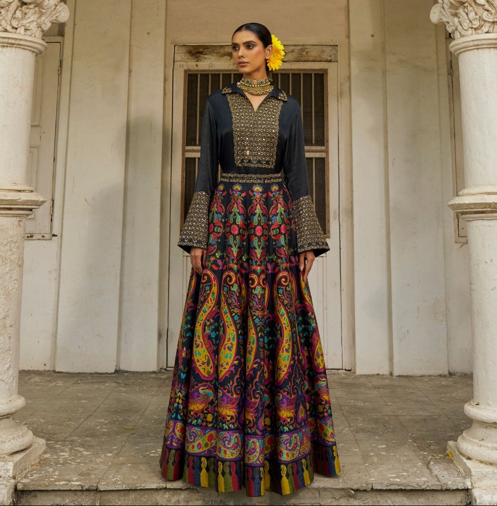 Multicolour printed silk lehenga choli