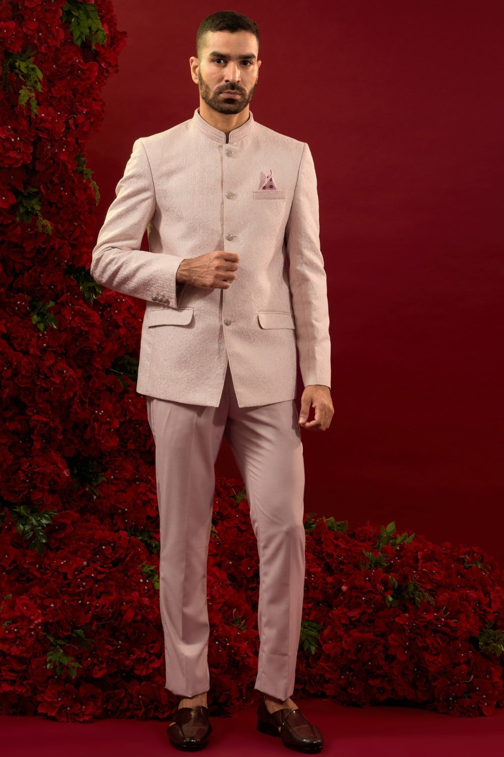 Silk suit with hand work on neckline and pocket