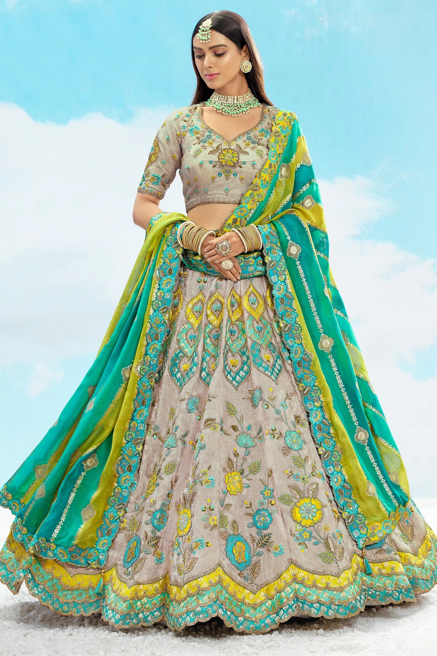 Grey Silk Lehenga with Embroidery & Patch Work