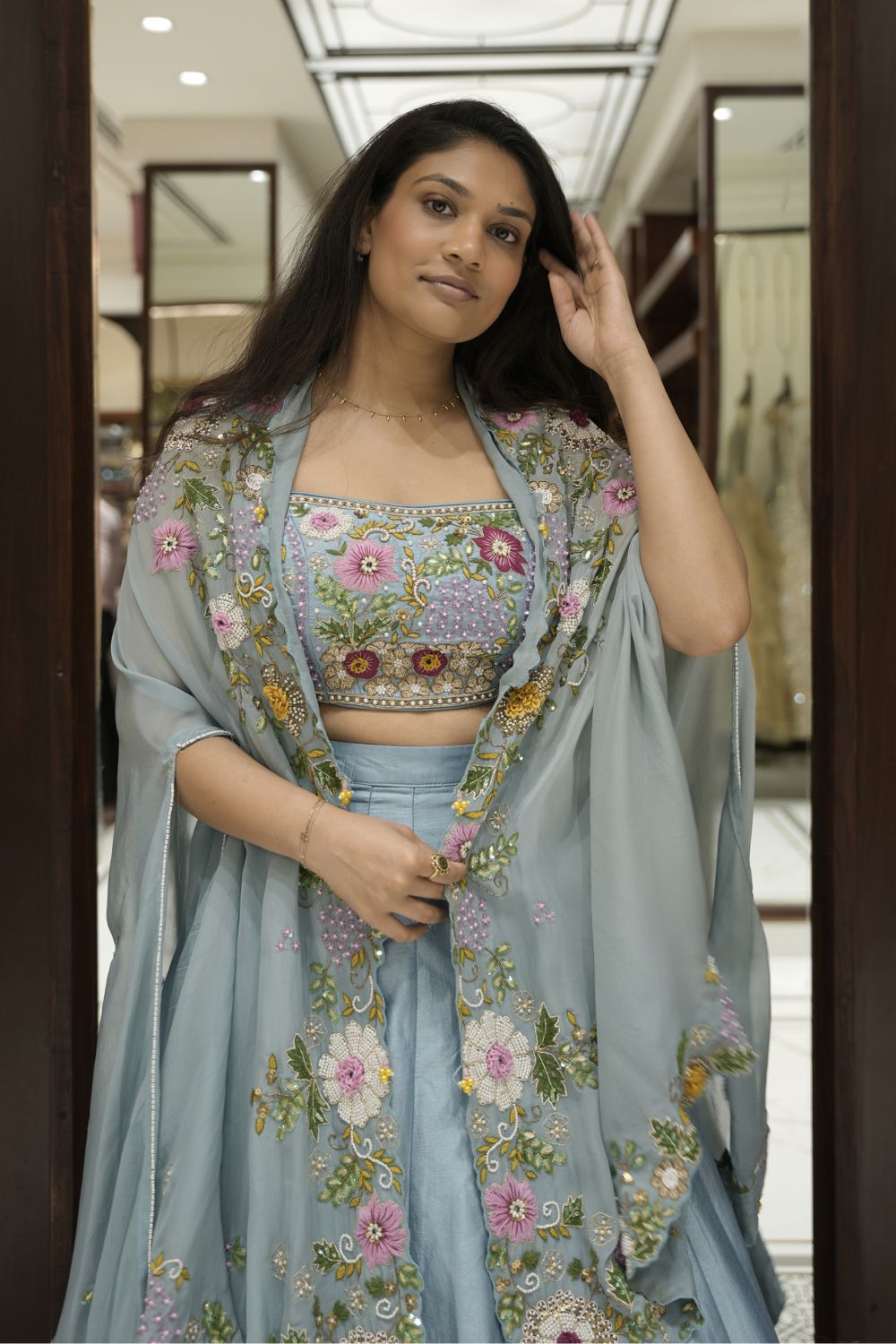 Ocean Blue Silk Handwork Crop Top Lehenga With Jacket