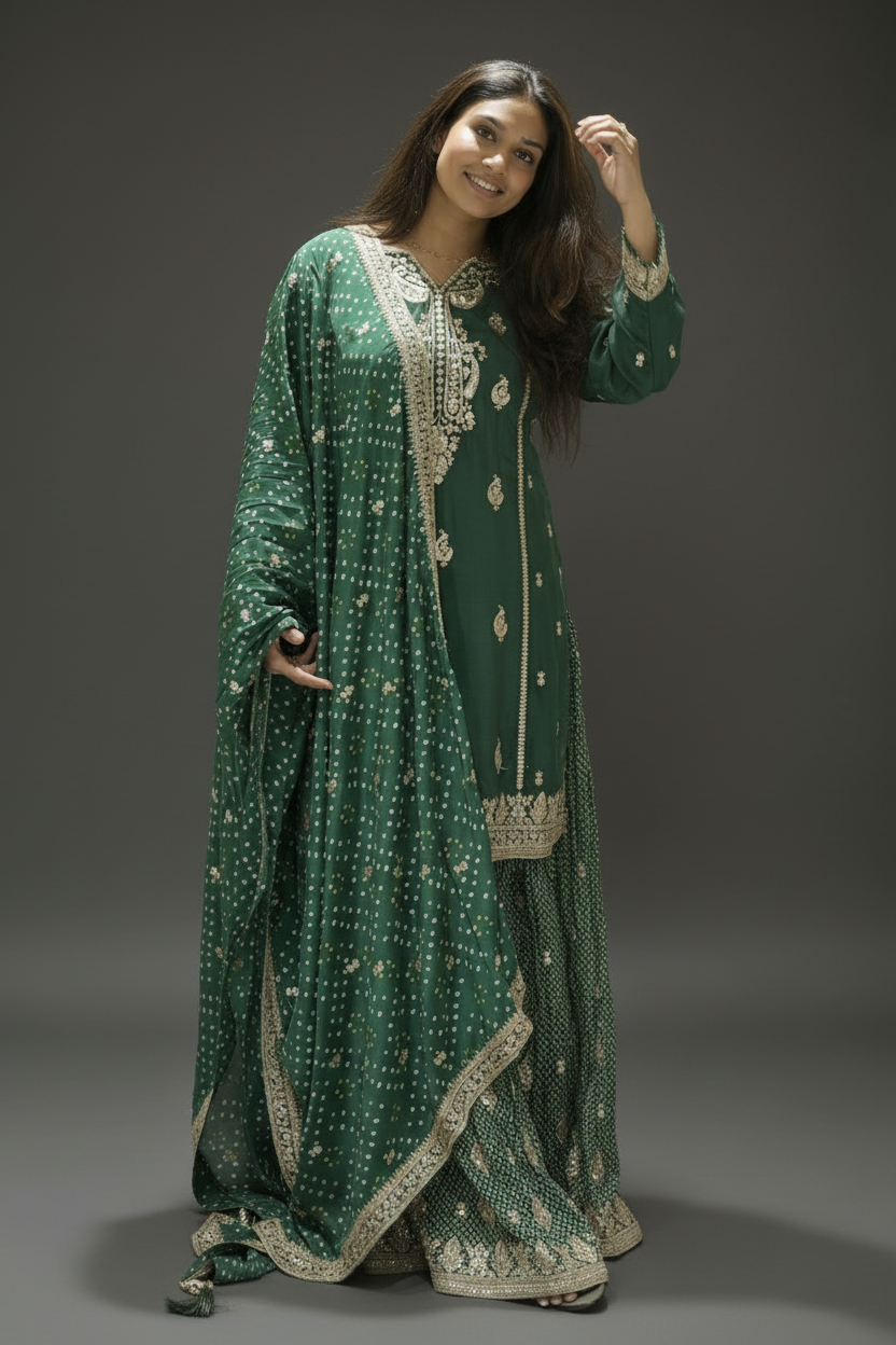 Green Silk Palazzo Suit With Embroidery And Bandhej Dupatta