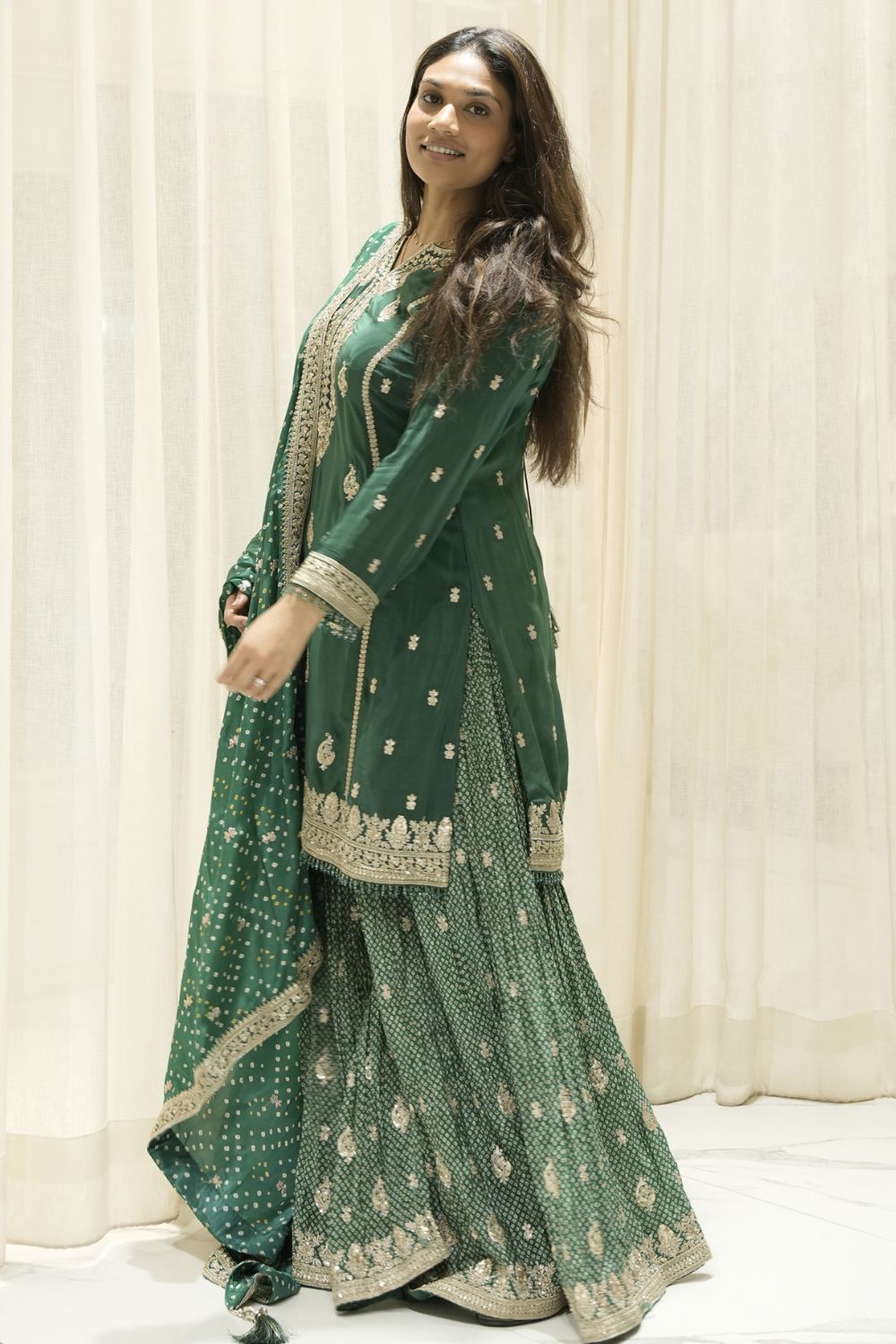 Green Silk Palazzo Suit With Embroidery And Bandhej Dupatta