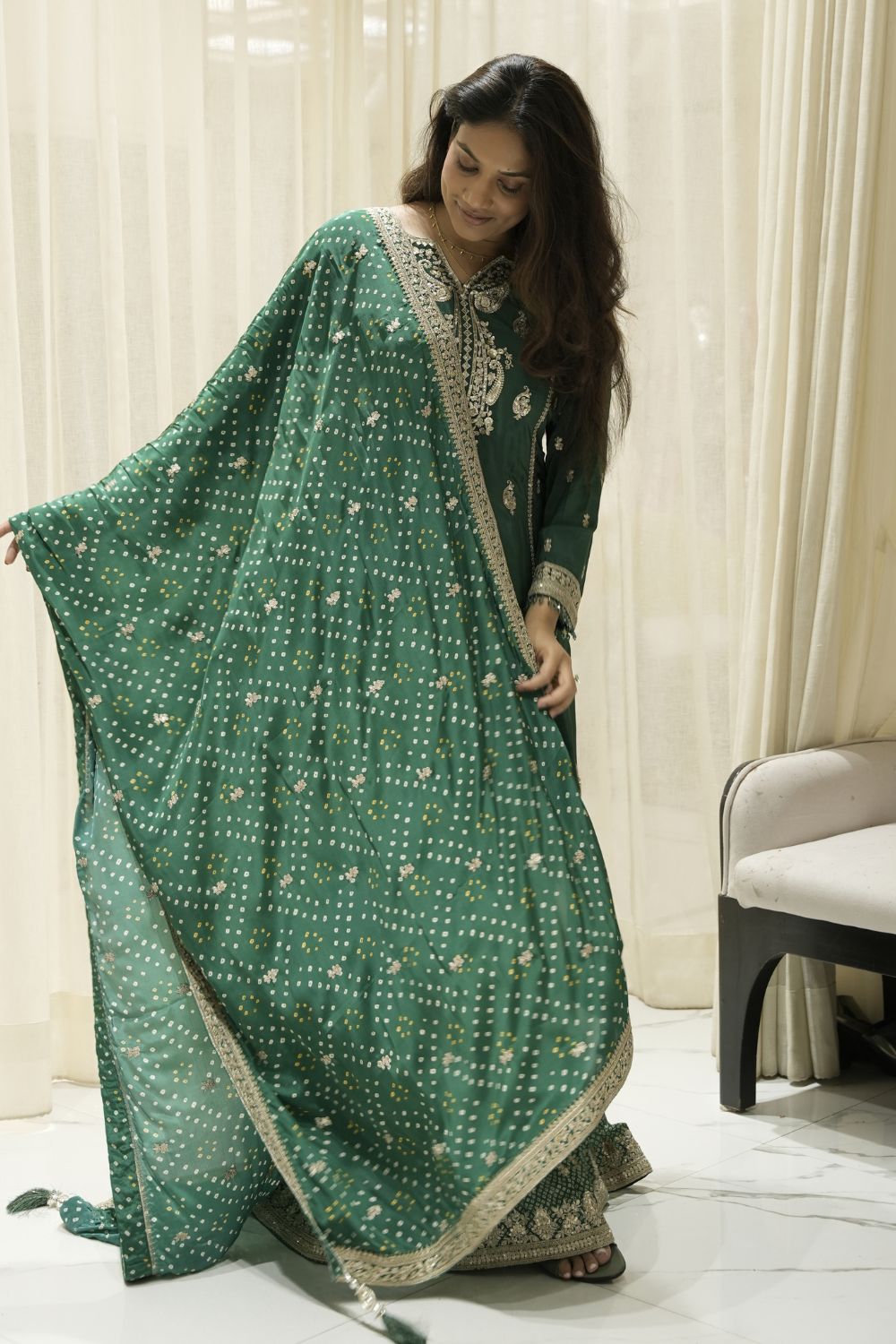 Green Silk Palazzo Suit With Embroidery And Bandhej Dupatta