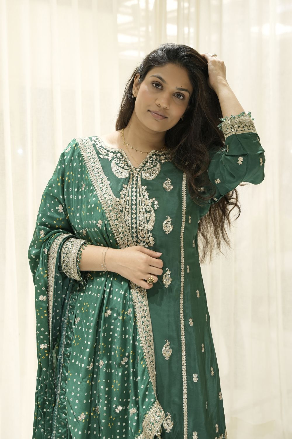 Green Silk Palazzo Suit With Embroidery And Bandhej Dupatta