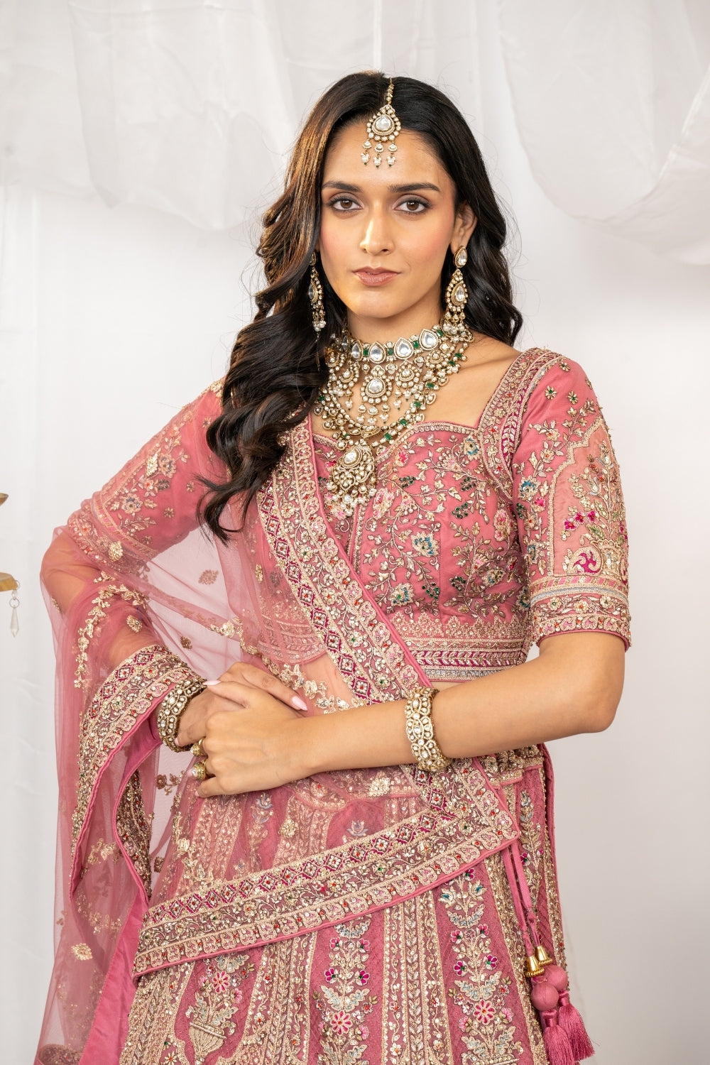 Dusty Pink Organza Bridal Lehenga Choli with Marodi and Zari Work