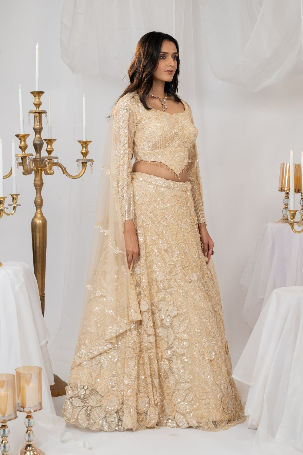 Golden Organza Net Lehenga Choli Set with Sequins and Moti Work