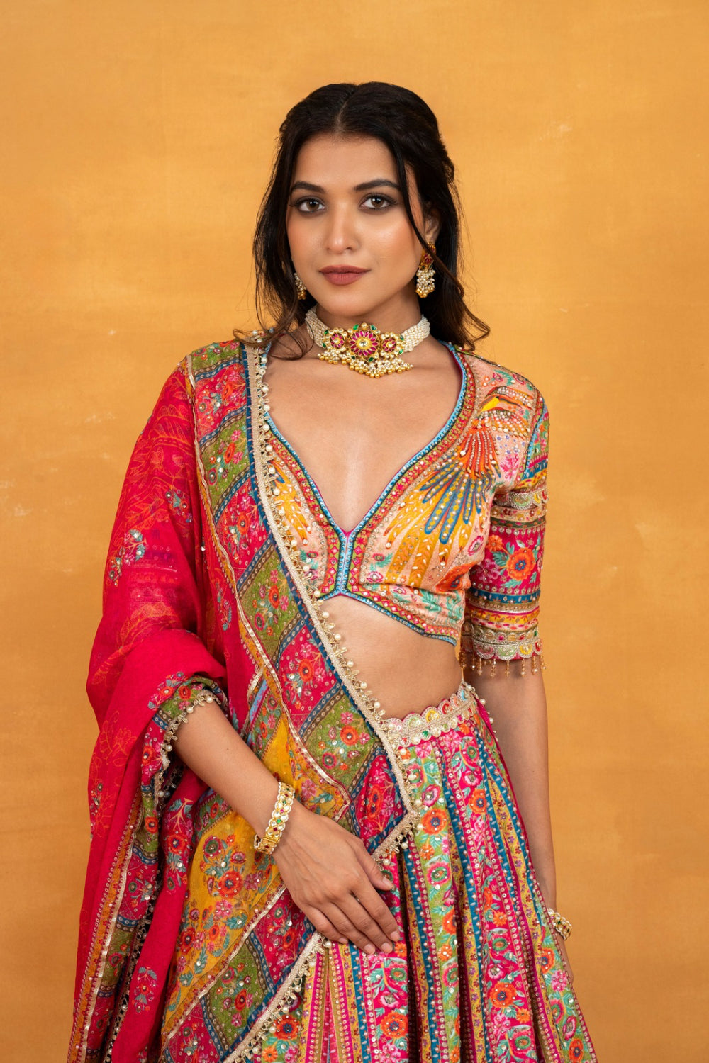 Multicolour printed soft silk lehenga choli with hand cut dana and pearls