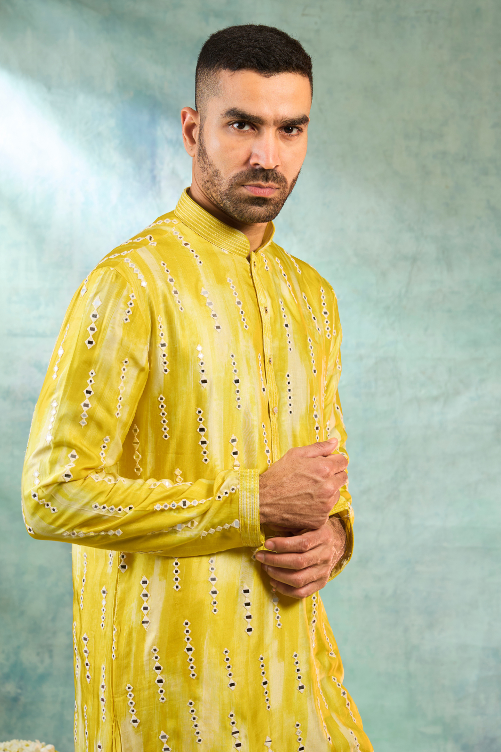 Kurta with thread and mirror work with cream pyjama