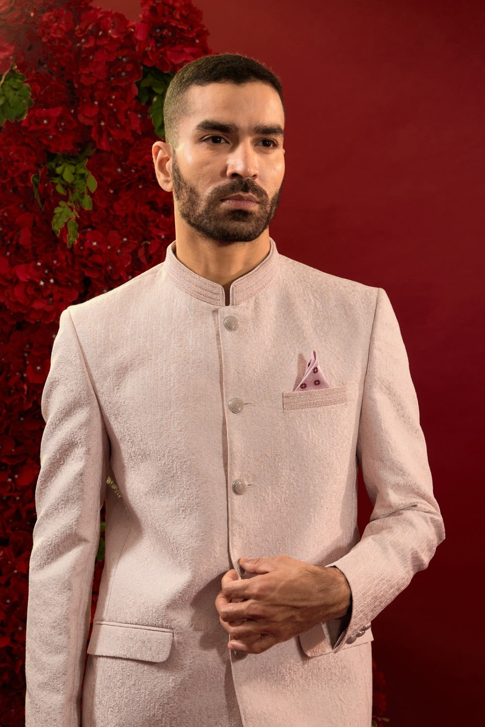Silk suit with hand work on neckline and pocket