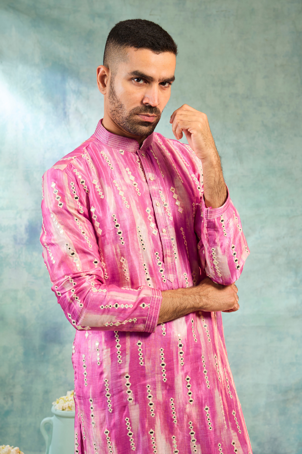 Kurta with thread and mirror work with cream pyjama