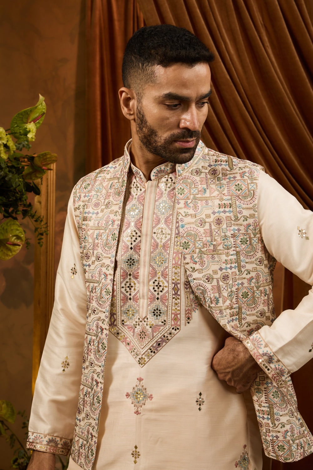 Peach silk koti set with multicolour thread embroidery