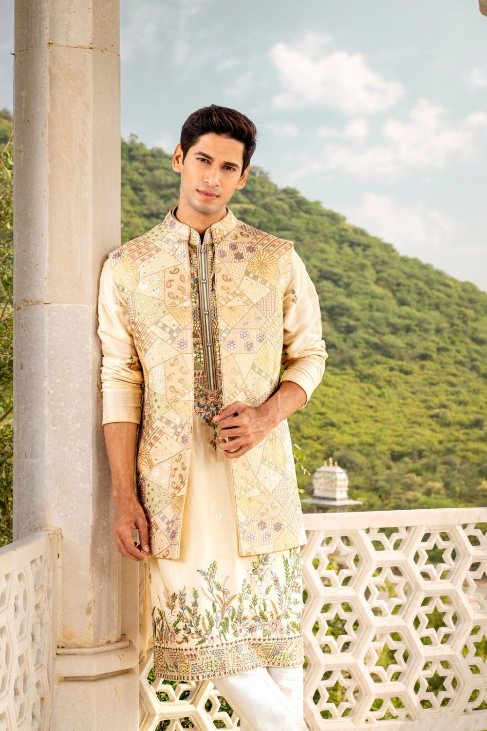 Ivory silk open koti set with thread work golden sequin and resham work