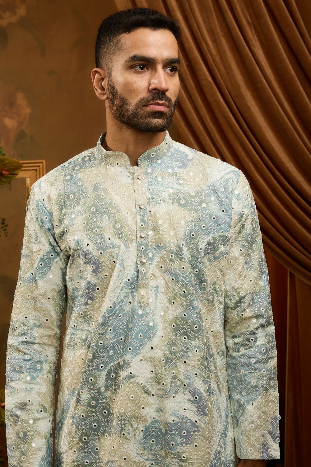 Silk kurta pajama set with white embroidery and mirror work