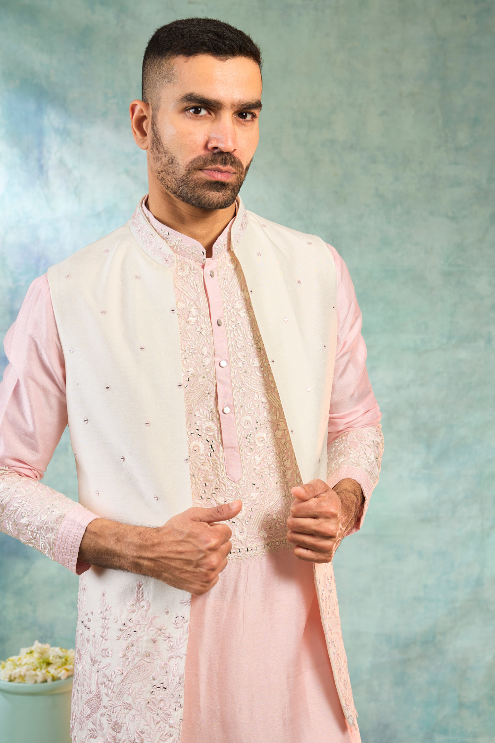 Silk koti with firozi kurta set with embroidery work