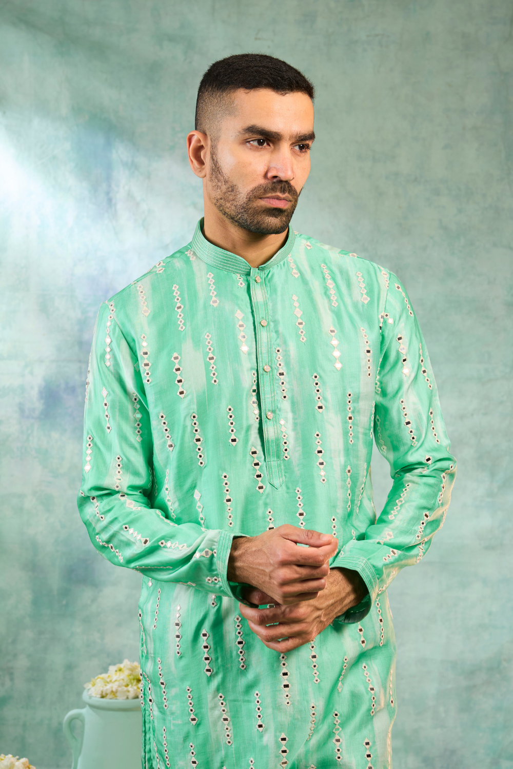 Kurta with thread and mirror work with cream pyjama