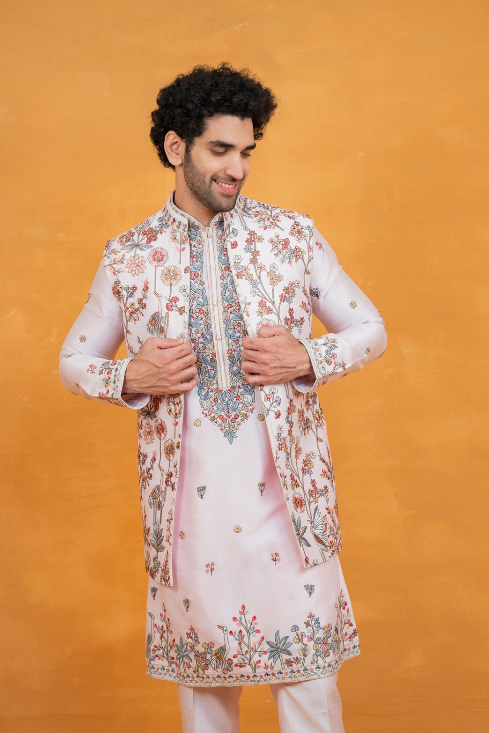 Light pink silk open koti set with multicolour floral thread embroidery