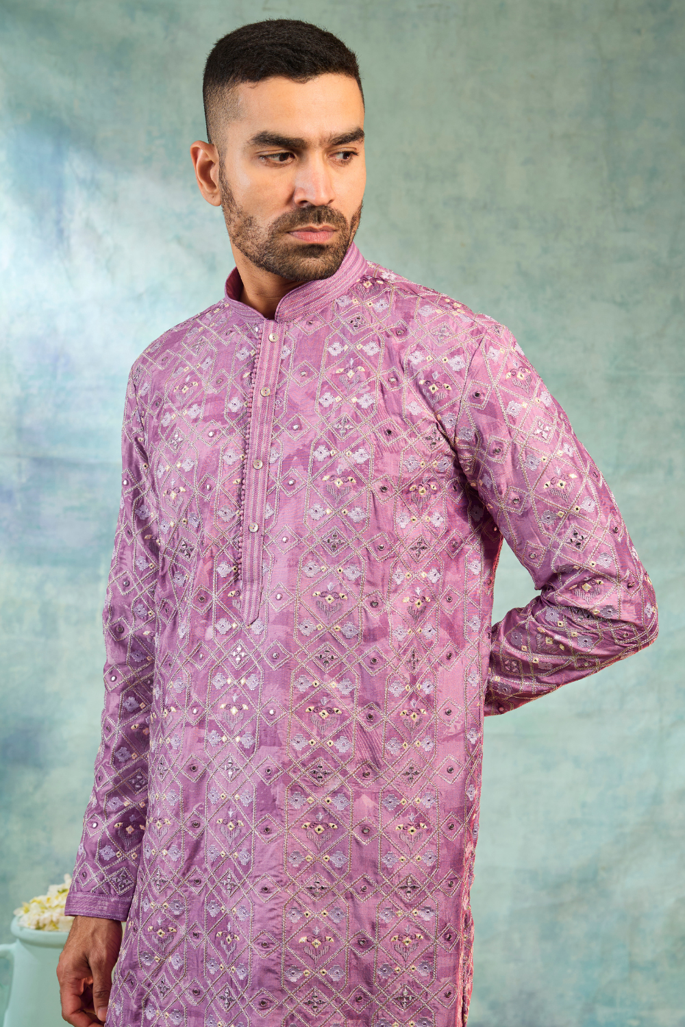 Deep pink kurta with golden thread and mirror work with Pyjama