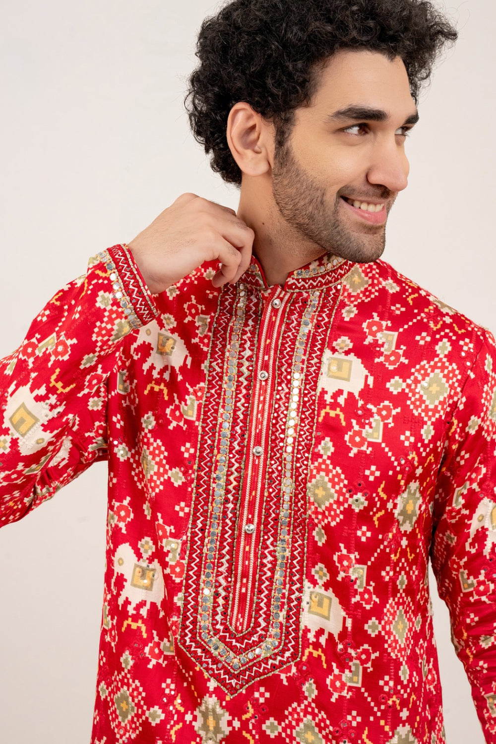 Resham Embroidered satin linen kurta set with kasab and mirror work
