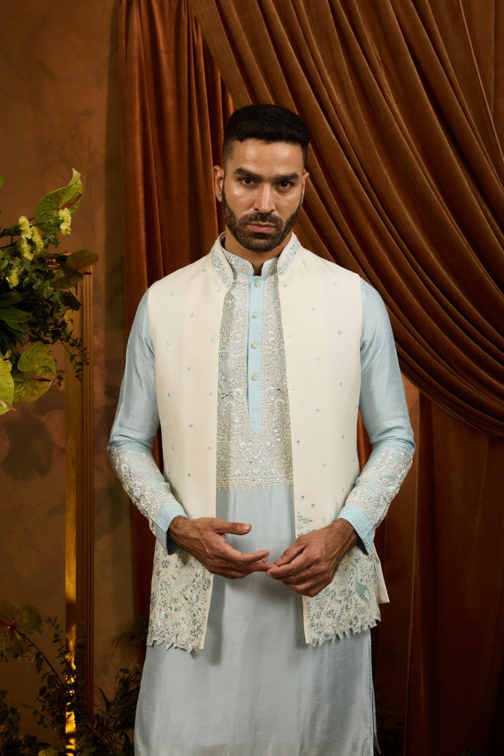Silk koti with firozi kurta set with embroidery work