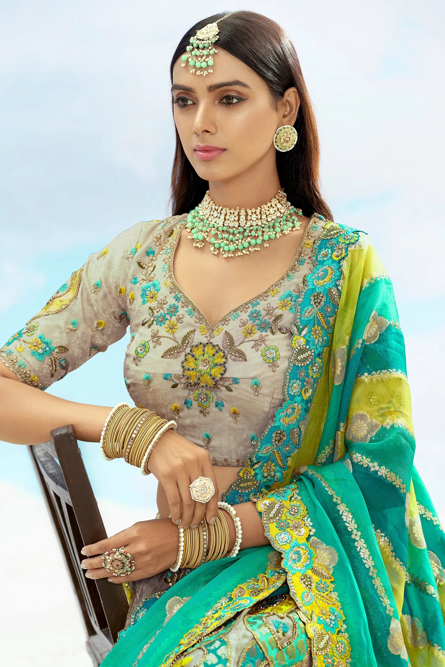 Grey Silk Lehenga with Embroidery & Patch Work
