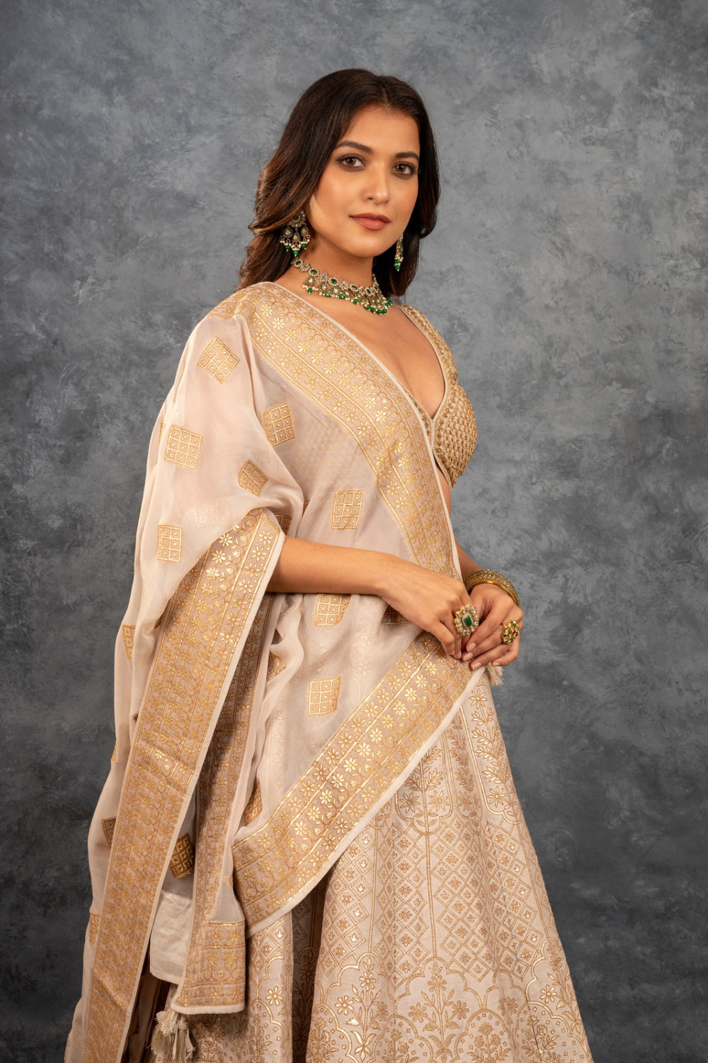 Beige banarasi silk lehenga choli with sequins hand cut dana and dori work