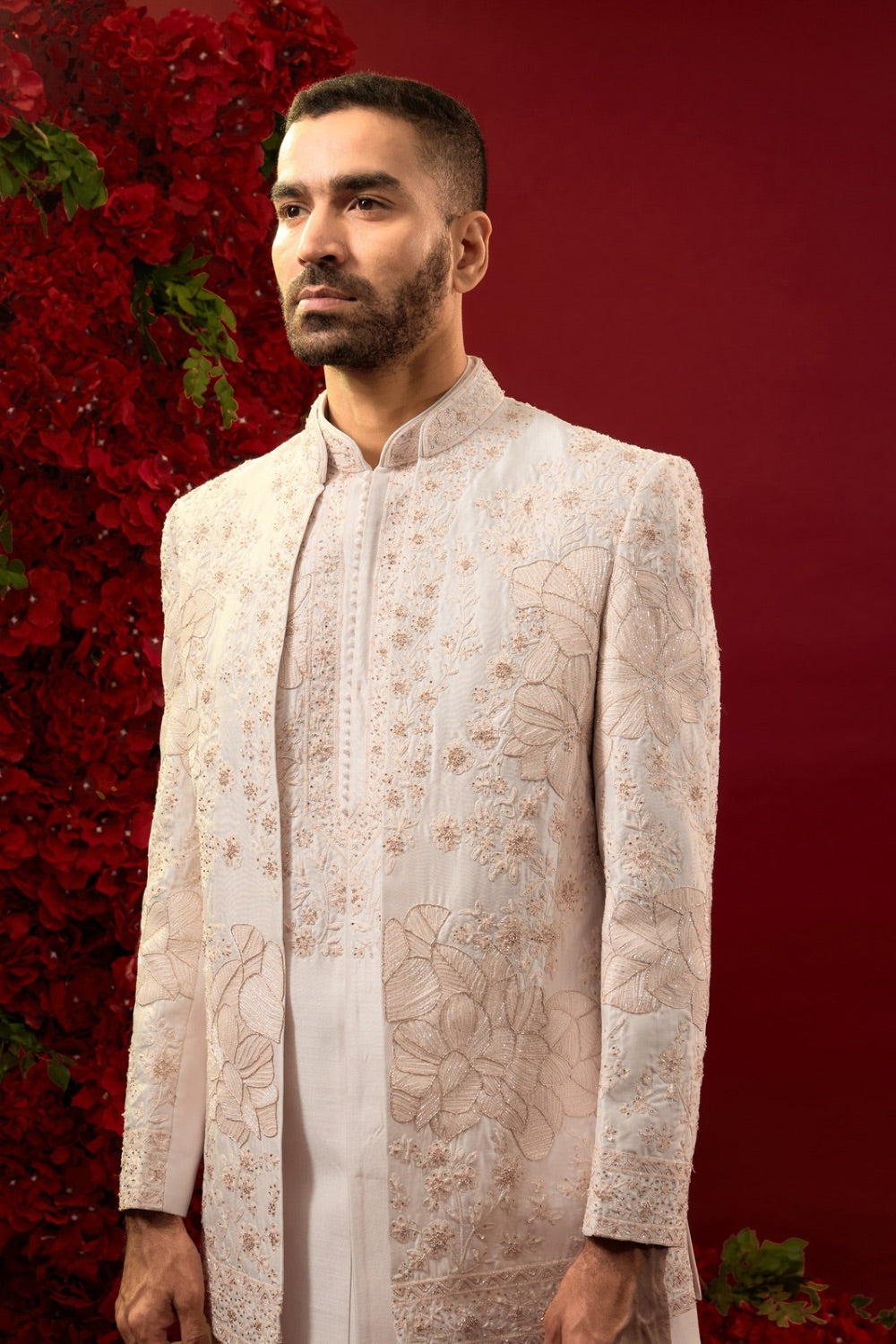 Rose white silk open koti set with detailed machine work