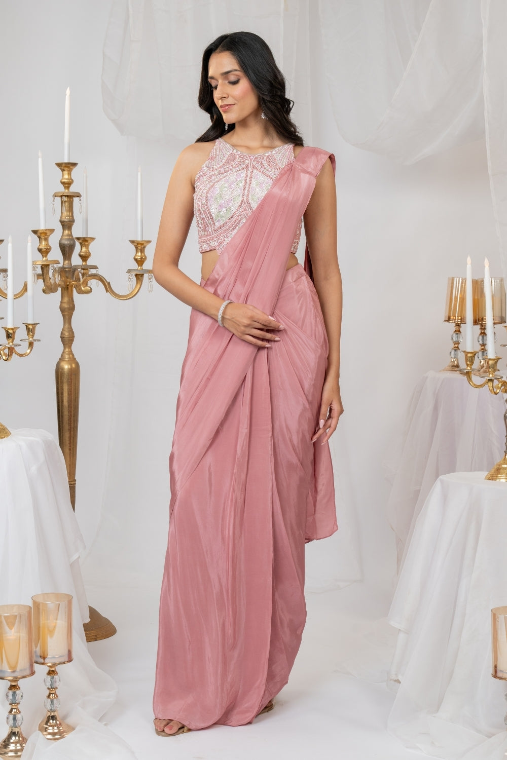 Mauve Satin Silk Pre-Draped Saree with Sequins and Pearl Work