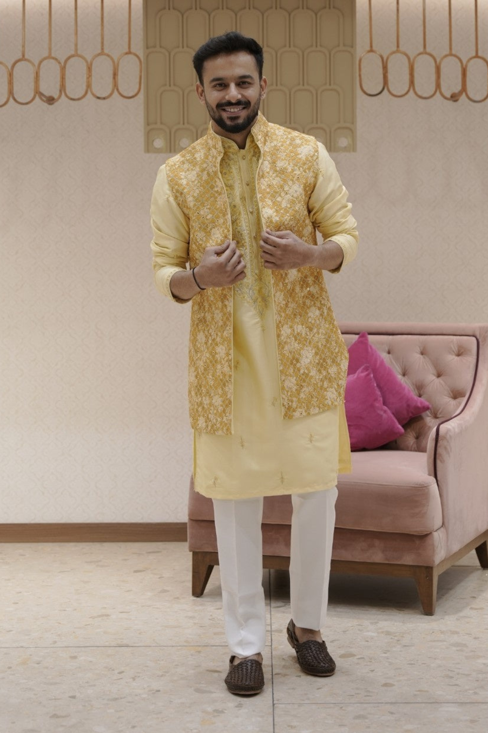 Yellow Silk Kurta Set with Mirror Work Embroidered Jacket