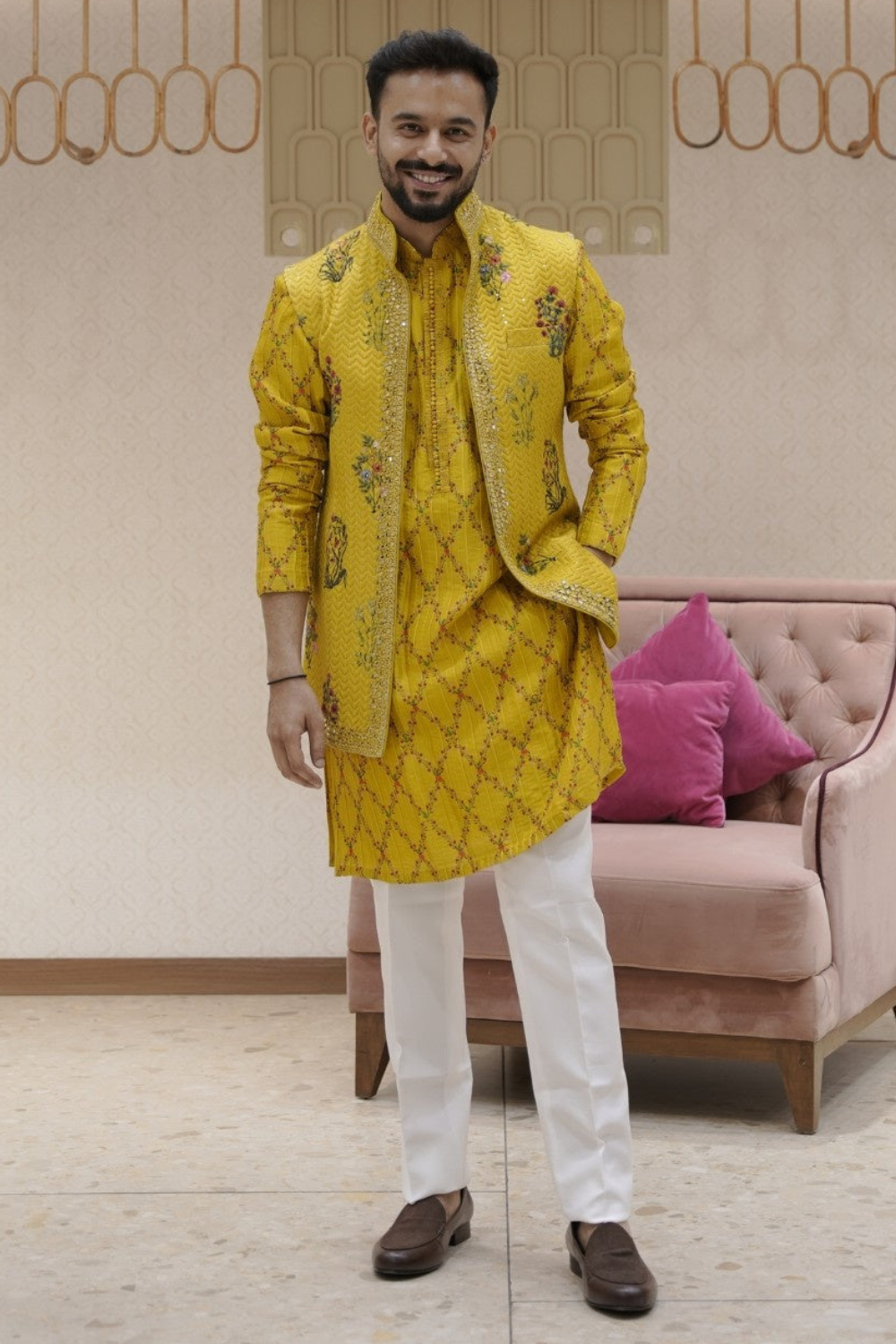 Yellow Silk Kurta Set with Sequin Mirror Thread Embroidery
