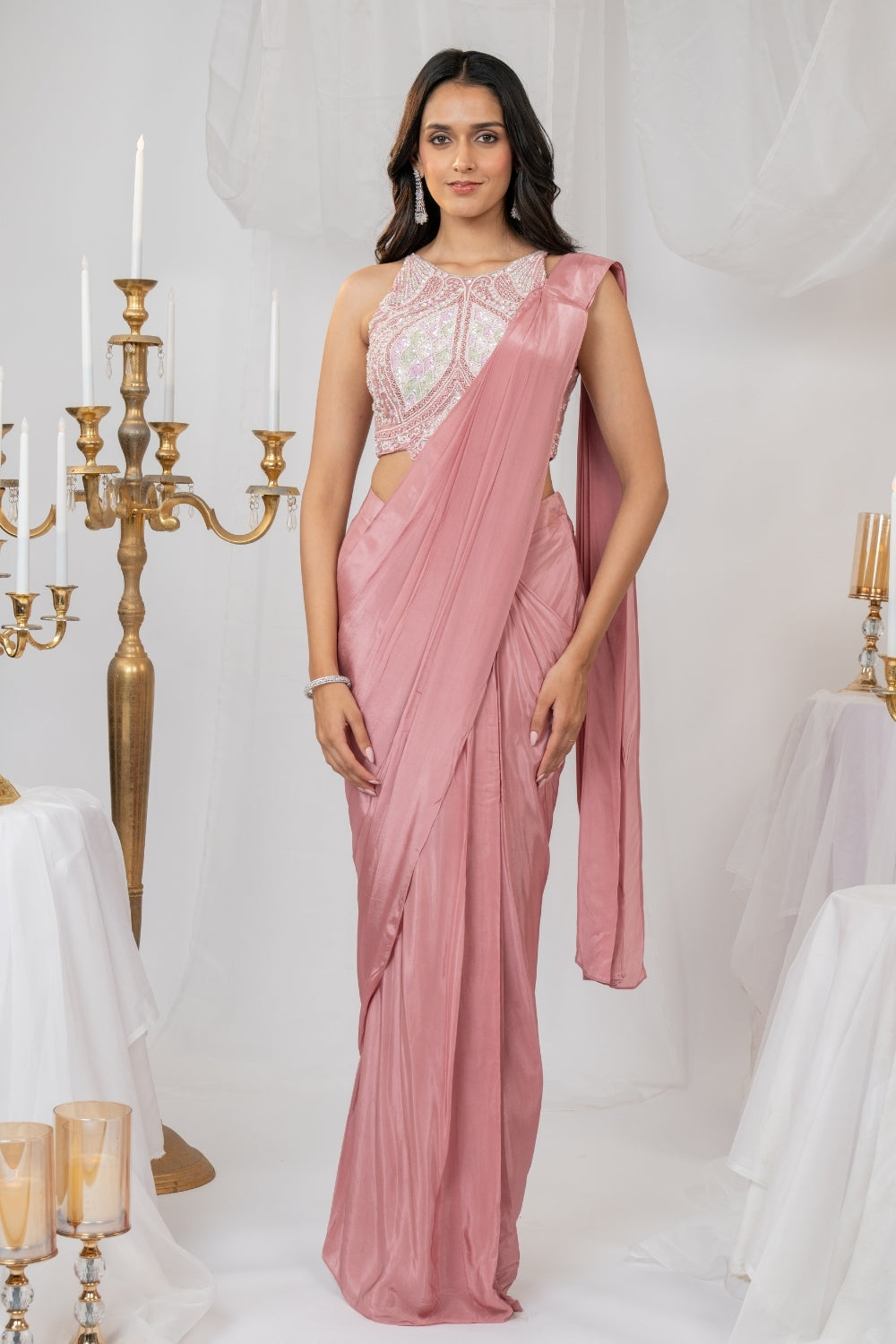 Mauve Satin Silk Pre-Draped Saree with Sequins and Pearl Work