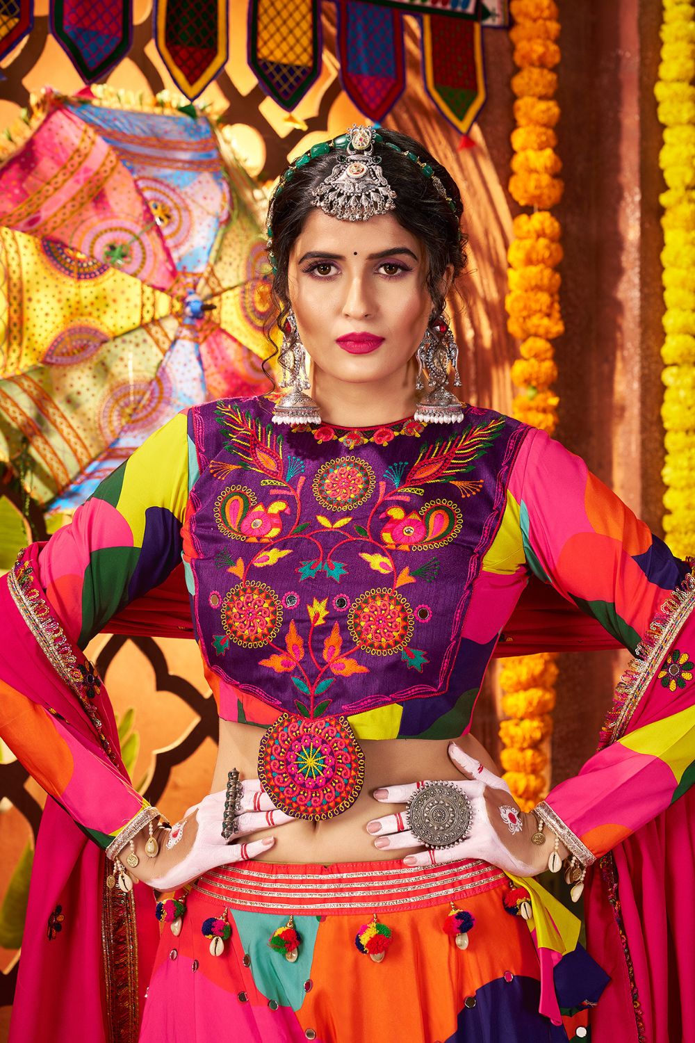 Multicolor Muslin Mirror Work Lehenga for Navratri with White Dupatta