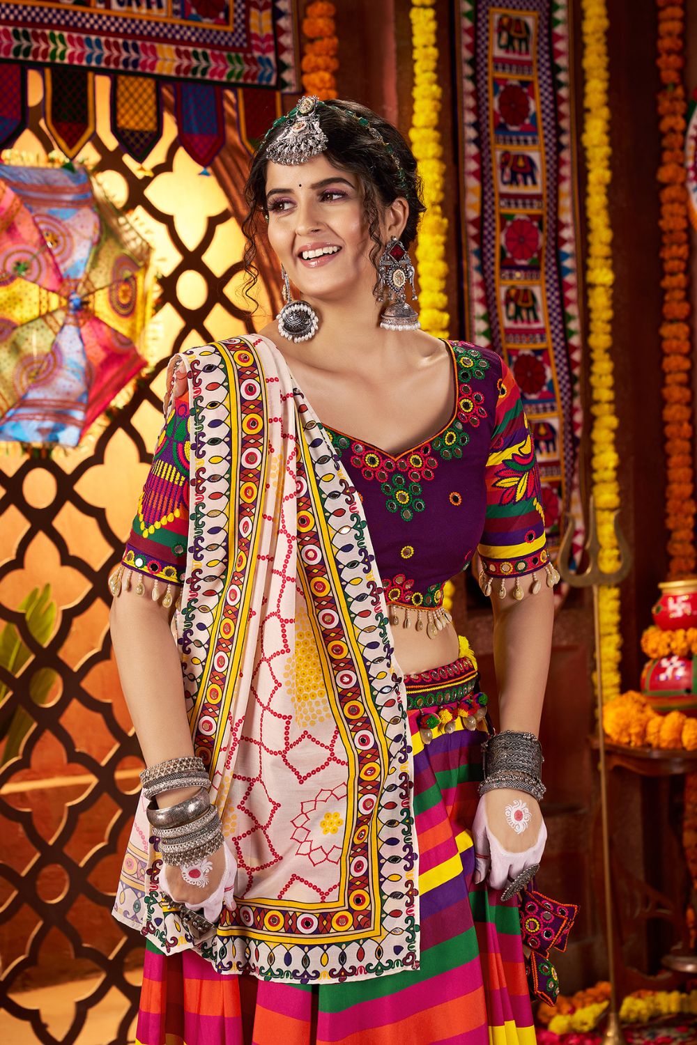 Multicolor Muslin Garba Lehenga with Heavy Mirror Work