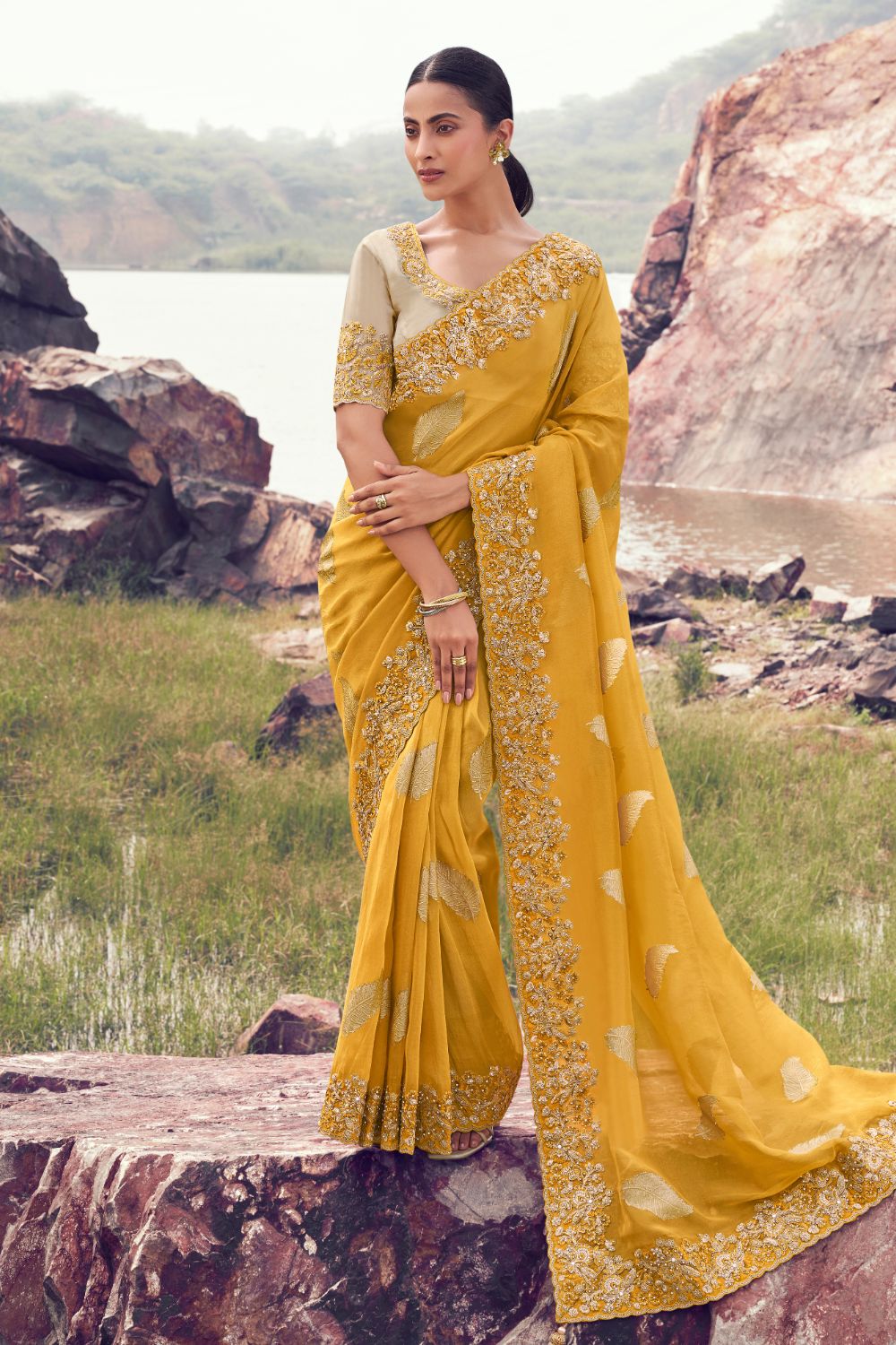 Yellow Georgette Rehsma Embroidery Work Saree