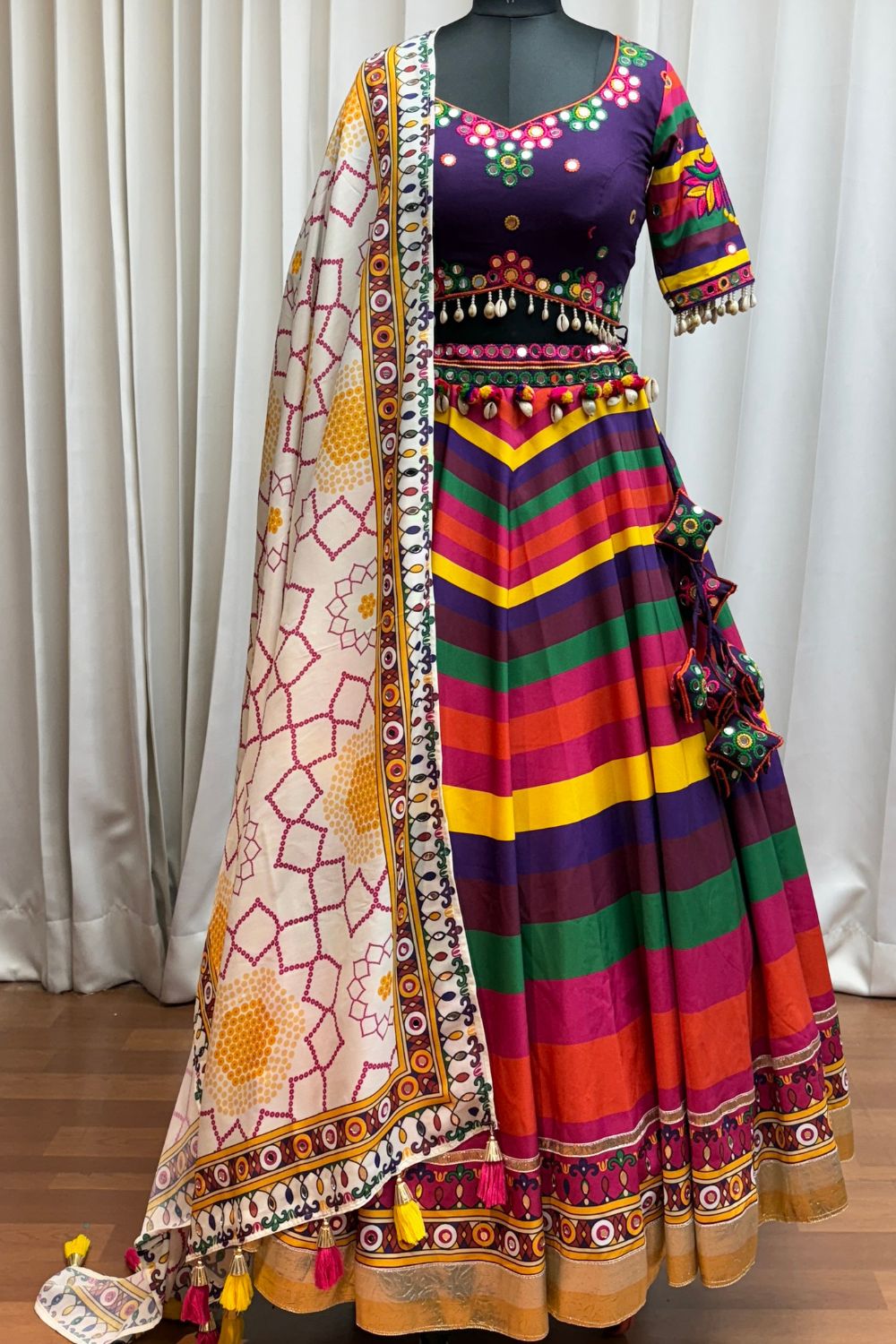 Multicolor Muslin Garba Lehenga with Heavy Mirror Work