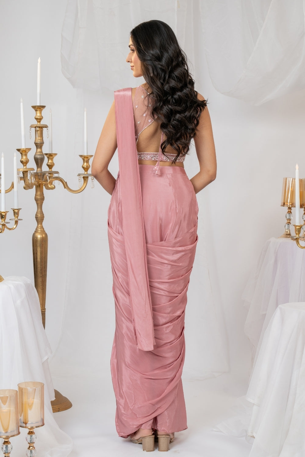 Mauve Satin Silk Pre-Draped Saree with Sequins and Pearl Work