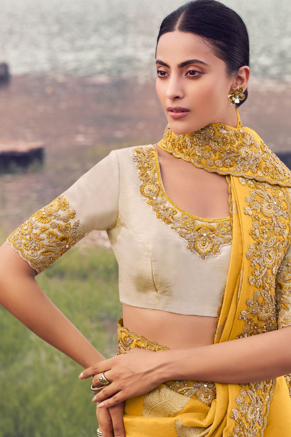 Yellow Georgette Rehsma Embroidery Work Saree