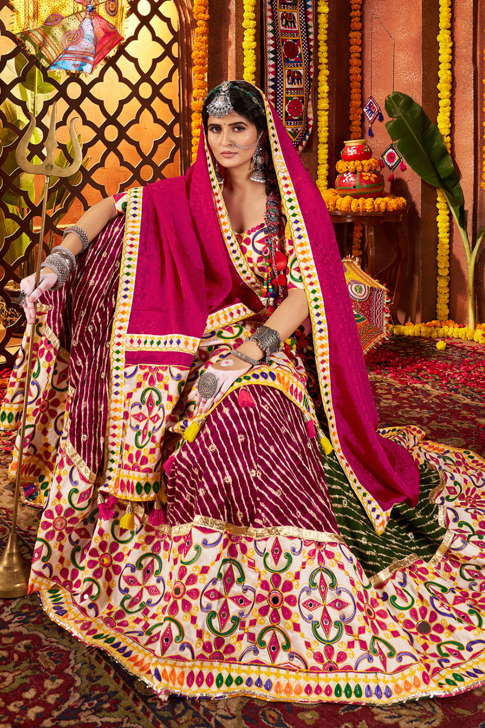 Multi Color Viscose Cotton Navratri Lehenga Choli With Embroidery And Mirror Work