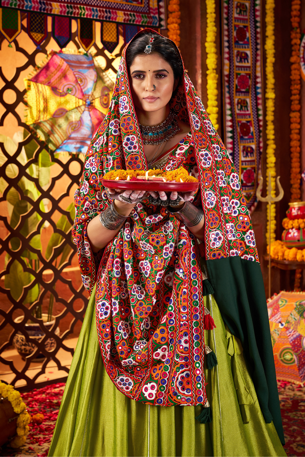 FLUORESCENT GREEN SILK THREAD AND MIRROR WORK NAVRATRI LEHENGA CHOLI