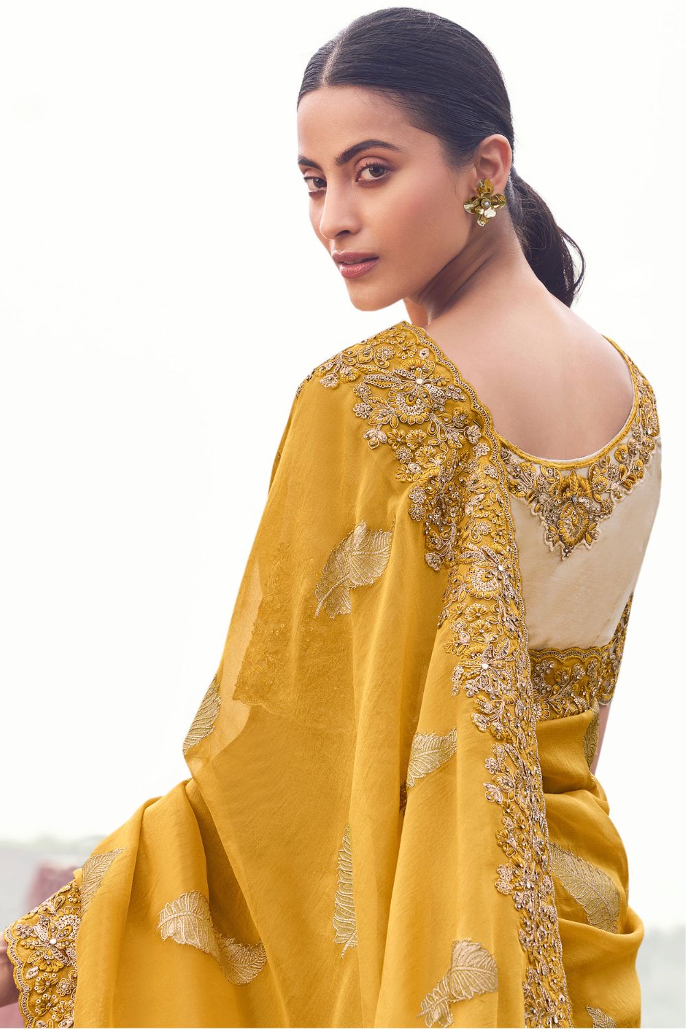 Yellow Georgette Rehsma Embroidery Work Saree