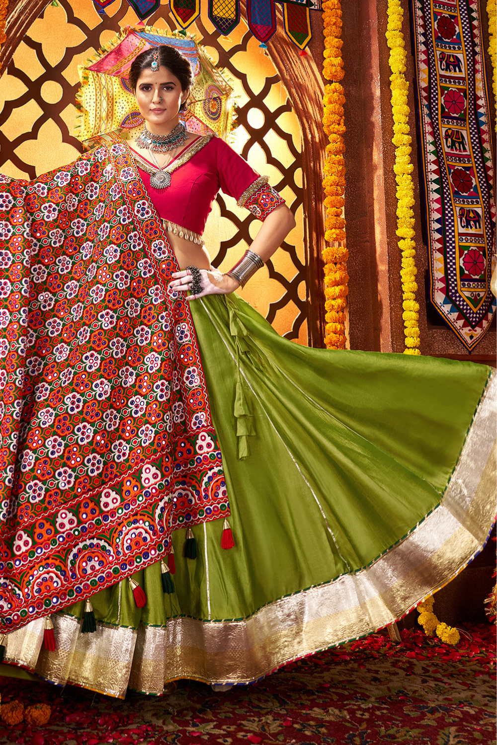 FLUORESCENT GREEN SILK THREAD AND MIRROR WORK NAVRATRI LEHENGA CHOLI