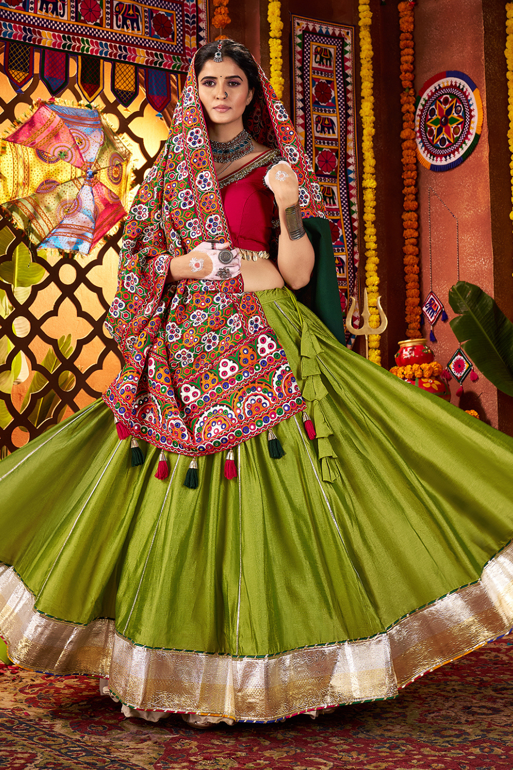 FLUORESCENT GREEN SILK THREAD AND MIRROR WORK NAVRATRI LEHENGA CHOLI