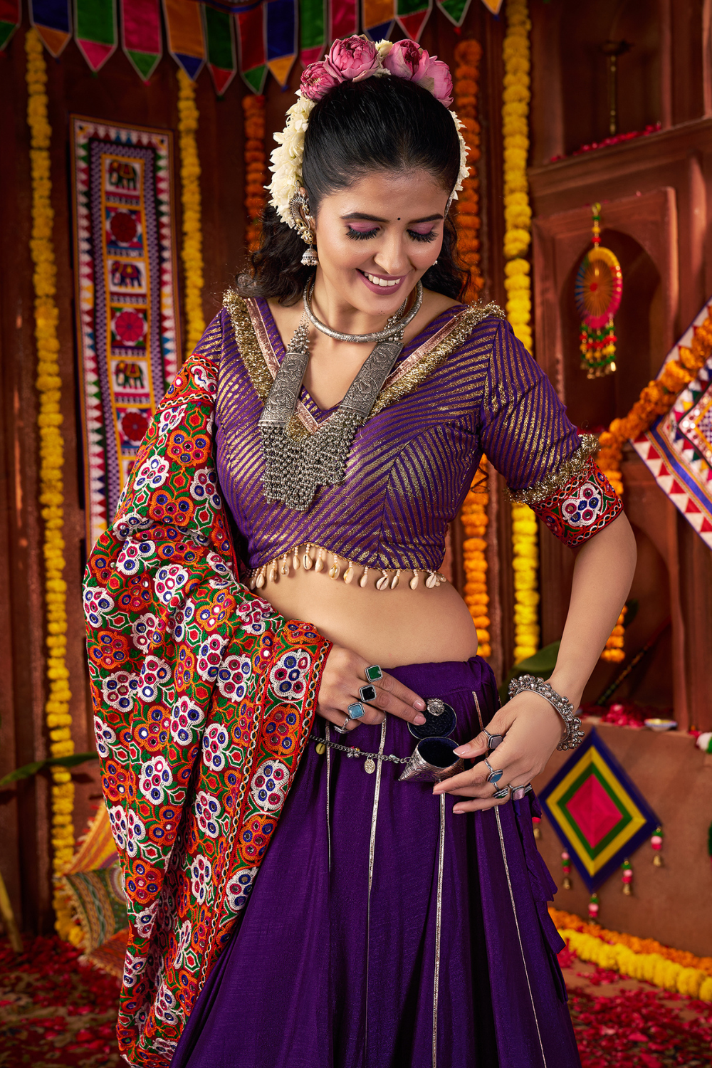 PURPLE SILK THREAD EMBROIDERED AND MIRROR WORK NAVRATRI LEHENGA CHOLI
