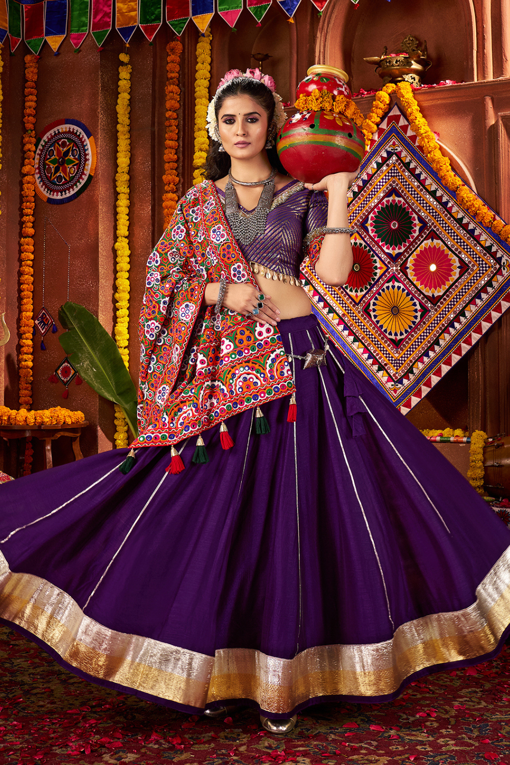 PURPLE SILK THREAD EMBROIDERED AND MIRROR WORK NAVRATRI LEHENGA CHOLI