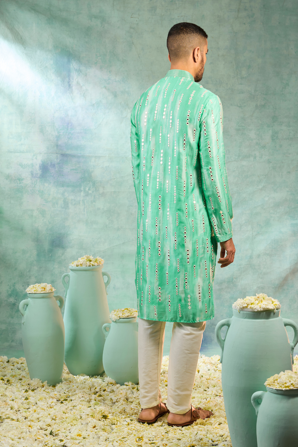 Kurta with thread and mirror work with cream pyjama