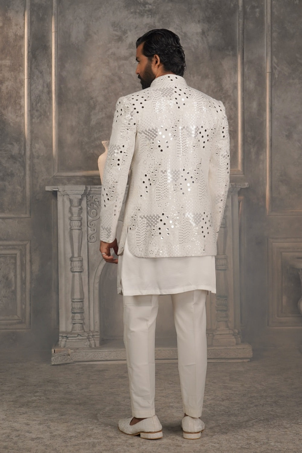 Pristine white splendid silk Open jacket kurta set